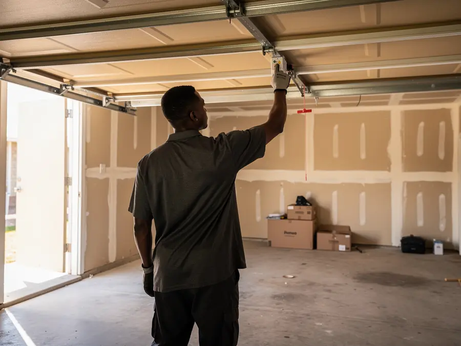 A technician in a gray shirt adjusts a garage door opener in a garage.