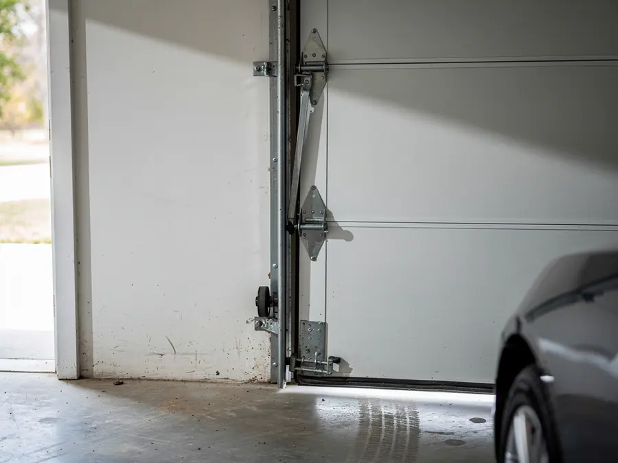 A white garage door is partially open with a car visible inside.