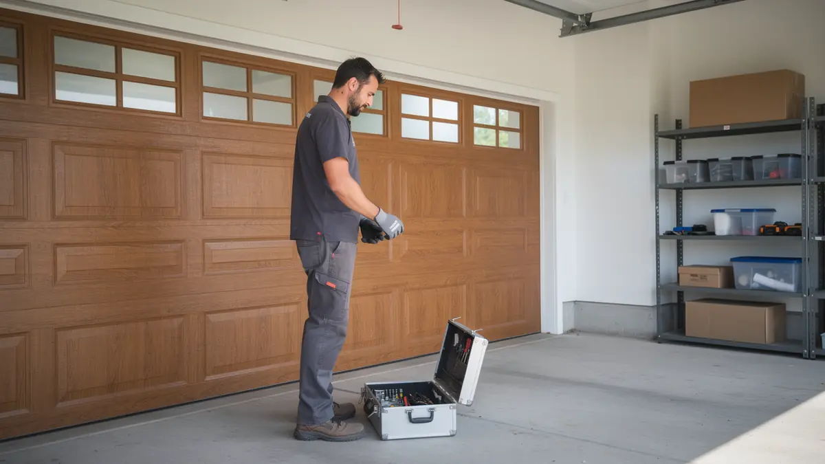 A technician stands in a garage with an open toolbox and a brown garage door.